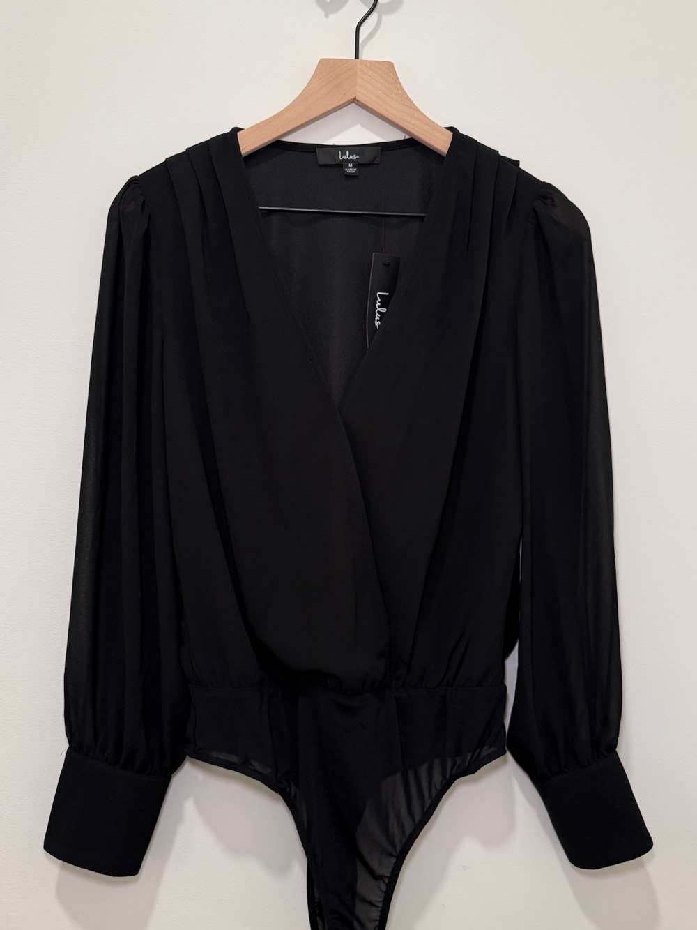 Lulus Sophisticated Aspect Black Chiffon Surplice Long Sleeve Bodysuit
